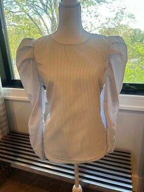 Aiden White Blouse with Navy Pinstripes and Puff Shoulders